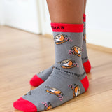 Eco kiddies chirpy robins organic cotton kids socks. A grey sock with red detail and features a cute signing robin design 