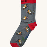 Eco kiddies chirpy robins organic cotton kids socks. A grey sock with red heal and toe detail and matching cuff. Features a cute signing robin design with a slogan saying 'harmonising with nature's glee' 