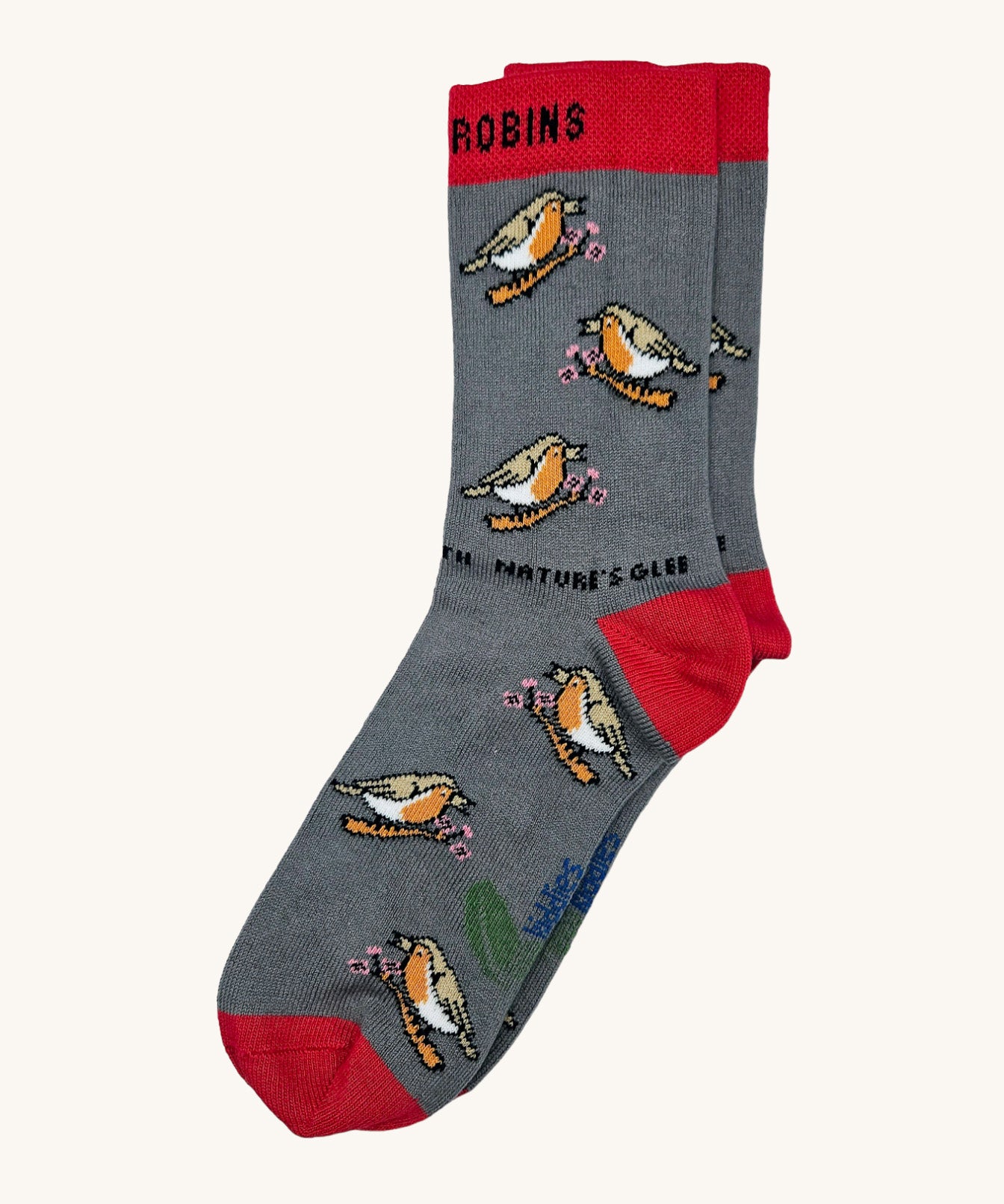 Eco kiddies chirpy robins organic cotton kids socks. A grey sock with red heal and toe detail and matching cuff. Features a cute signing robin design with a slogan saying 'harmonising with nature's glee' 