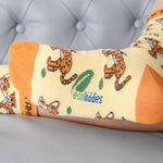 A close up of the Eco Kiddies organic cotton cheetah socks showing the cute cheetah design and the branding on the sole