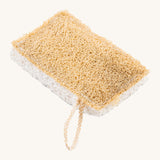 Ecoliving loofah kitchen sponge scrubber available at Babipur. A double sided scrubber, features a loofah side and a sponge side with a loop of thread for hanging. 
