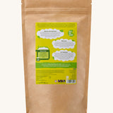 The back of the Ecoliving soapy suds dishwasher powder pouch  in lemongrass fragrance available at Babipur. 