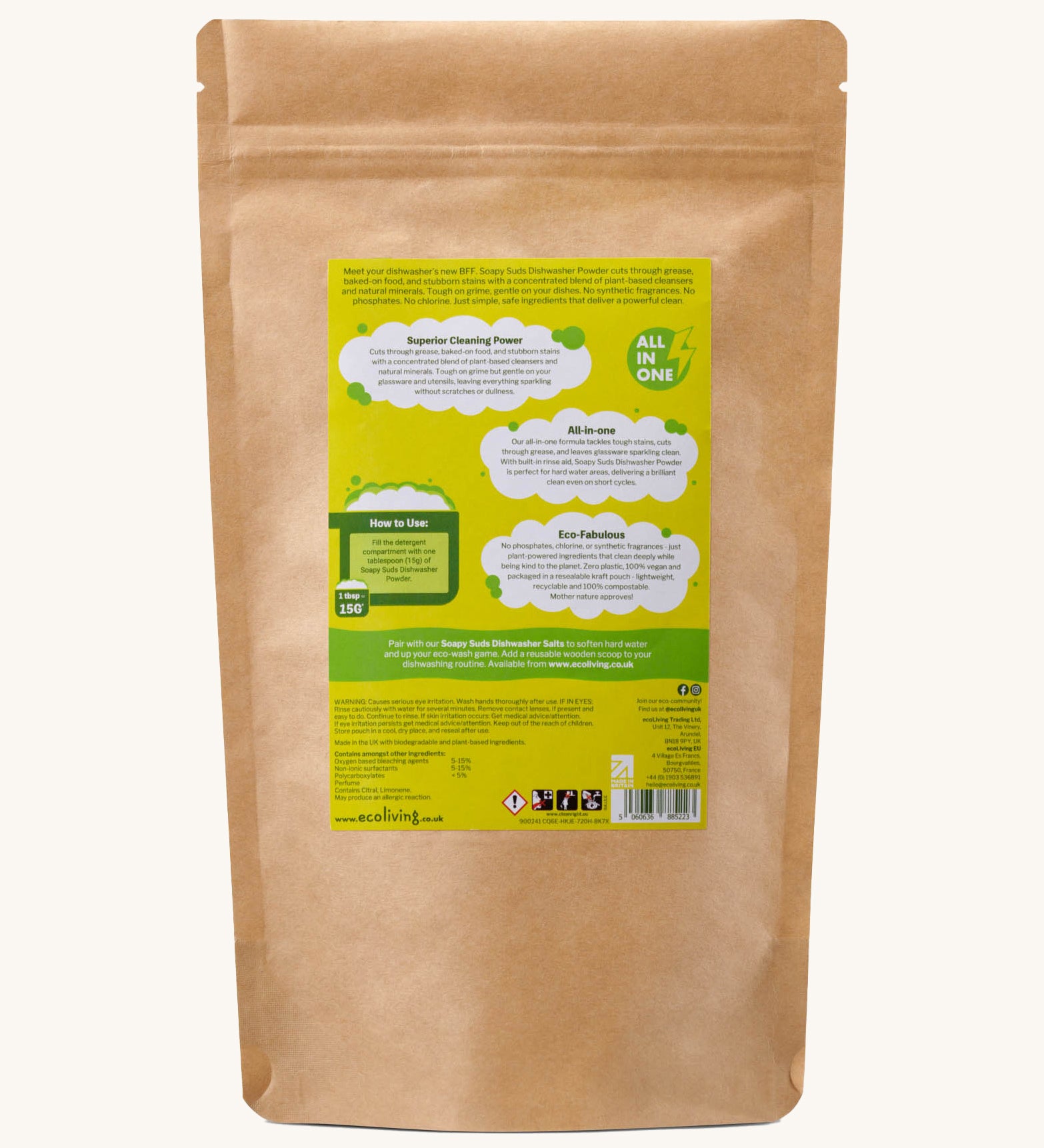 The back of the Ecoliving soapy suds dishwasher powder pouch  in lemongrass fragrance available at Babipur. 