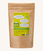 The back of the Ecoliving soapy suds dishwasher powder pouch  in lemongrass fragrance available at Babipur. 