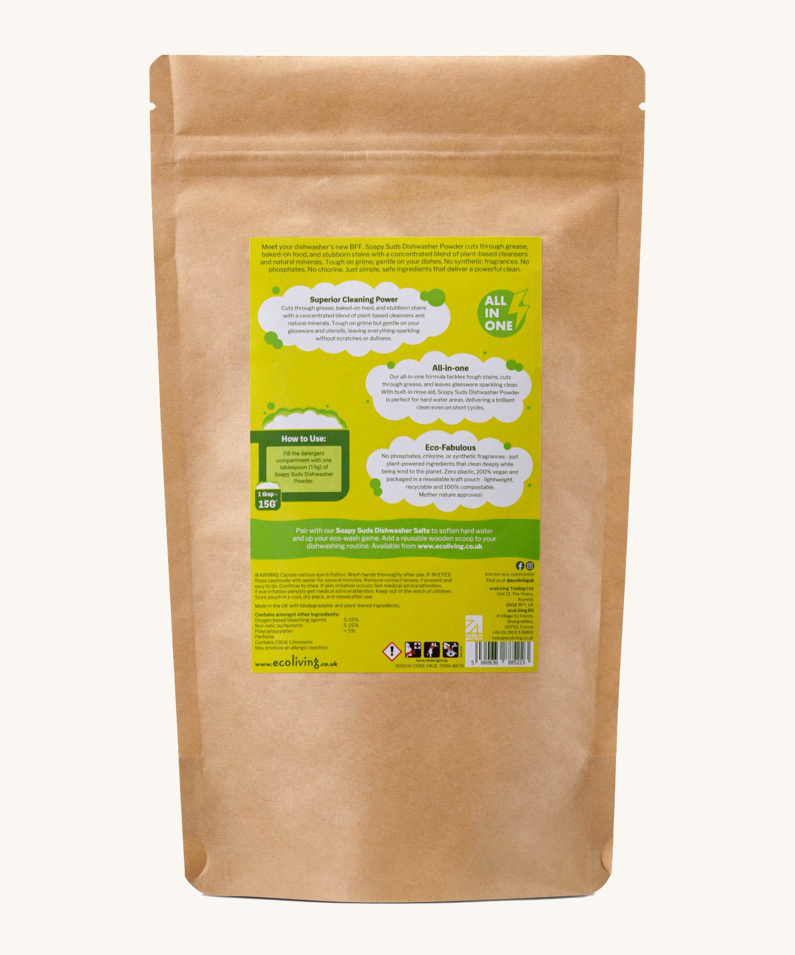 The back of the Ecoliving soapy suds dishwasher powder pouch  in lemongrass fragrance available at Babipur. 
