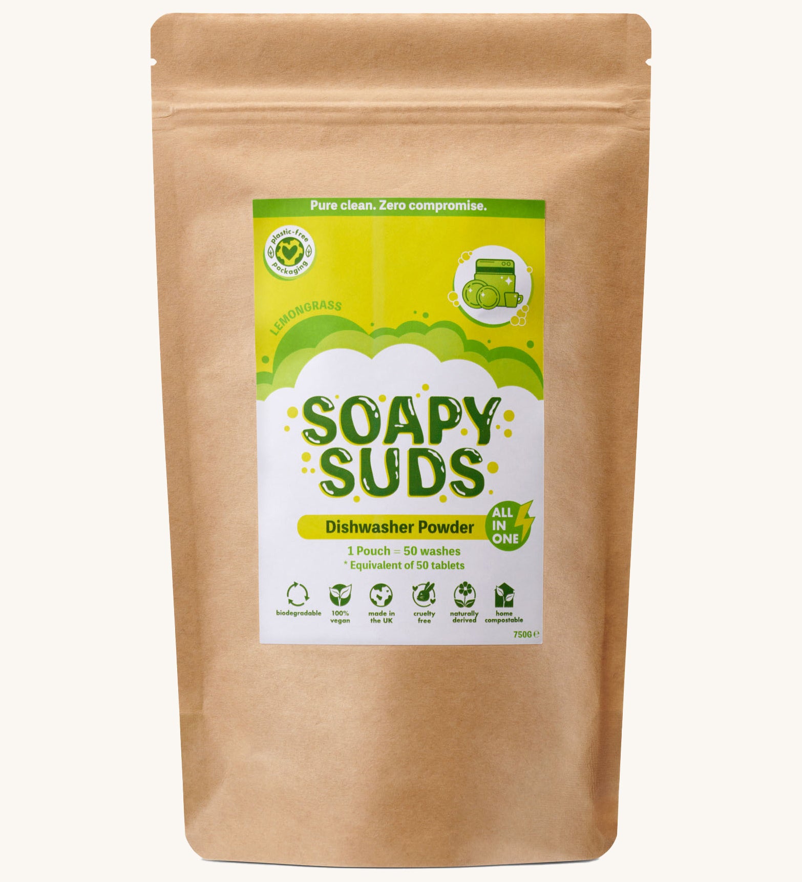 Ecoliving soapy suds dishwasher powder in lemongrass fragrance available at Babipur. Powder comes in a brown recycled cardboard pouch