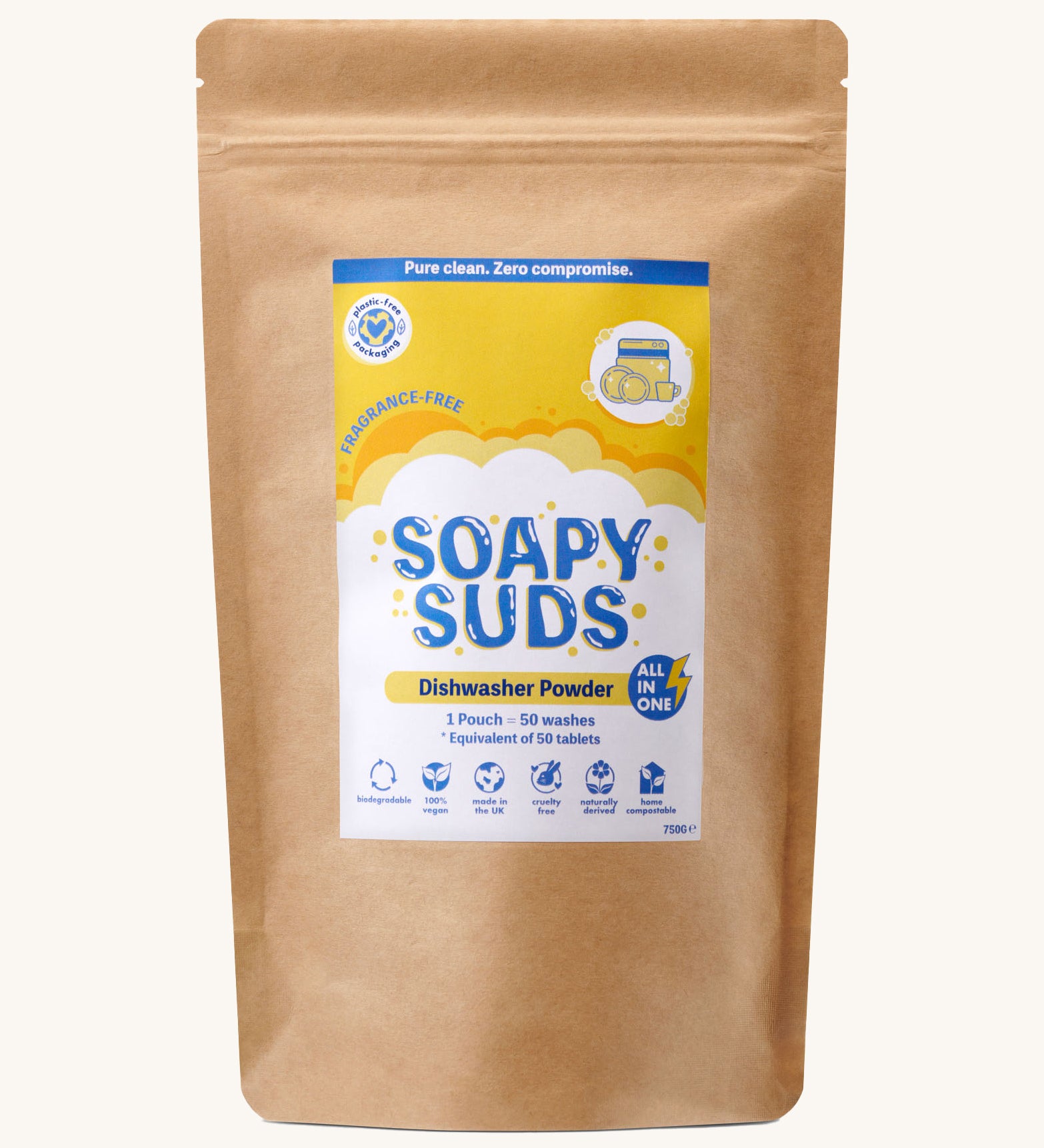 Ecoliving soapy suds dishwasher powder in fragrance free available at Babipur. Powder comes in a brown recycled cardboard pouch