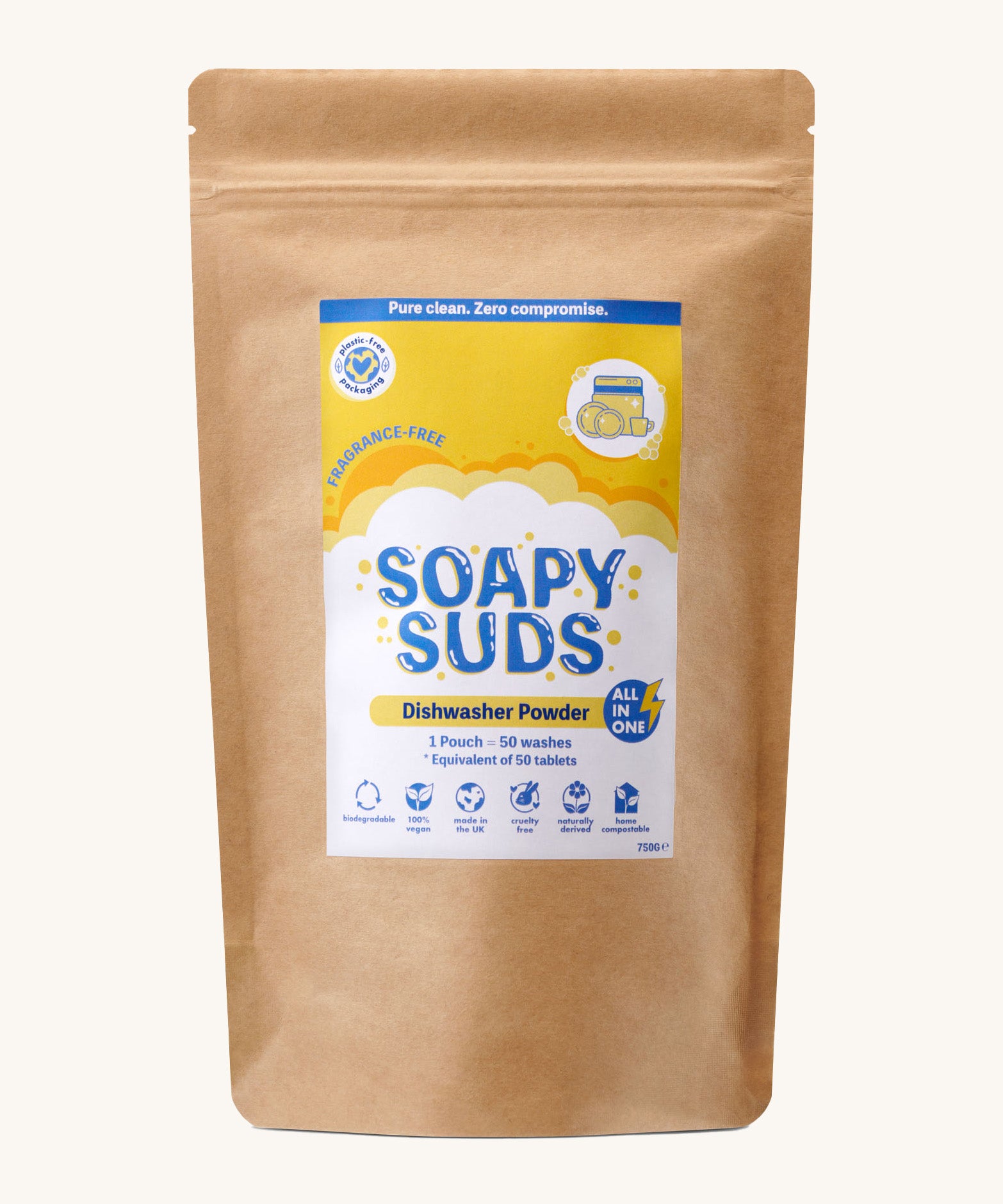 Ecoliving soapy suds dishwasher powder in fragrance free available at Babipur. Powder comes in a brown recycled cardboard pouch