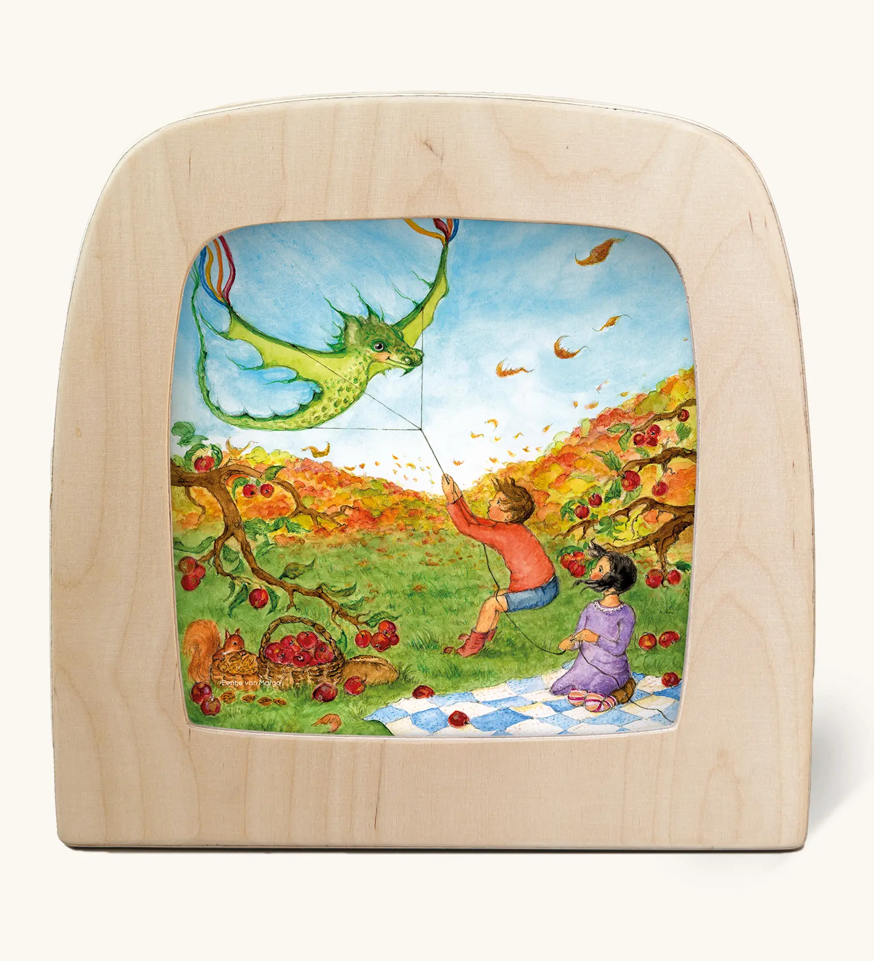 Toverlux silhouette of an autumnal picnic scene flying a dragon kite with apple trees, for September, October and November celebrations.