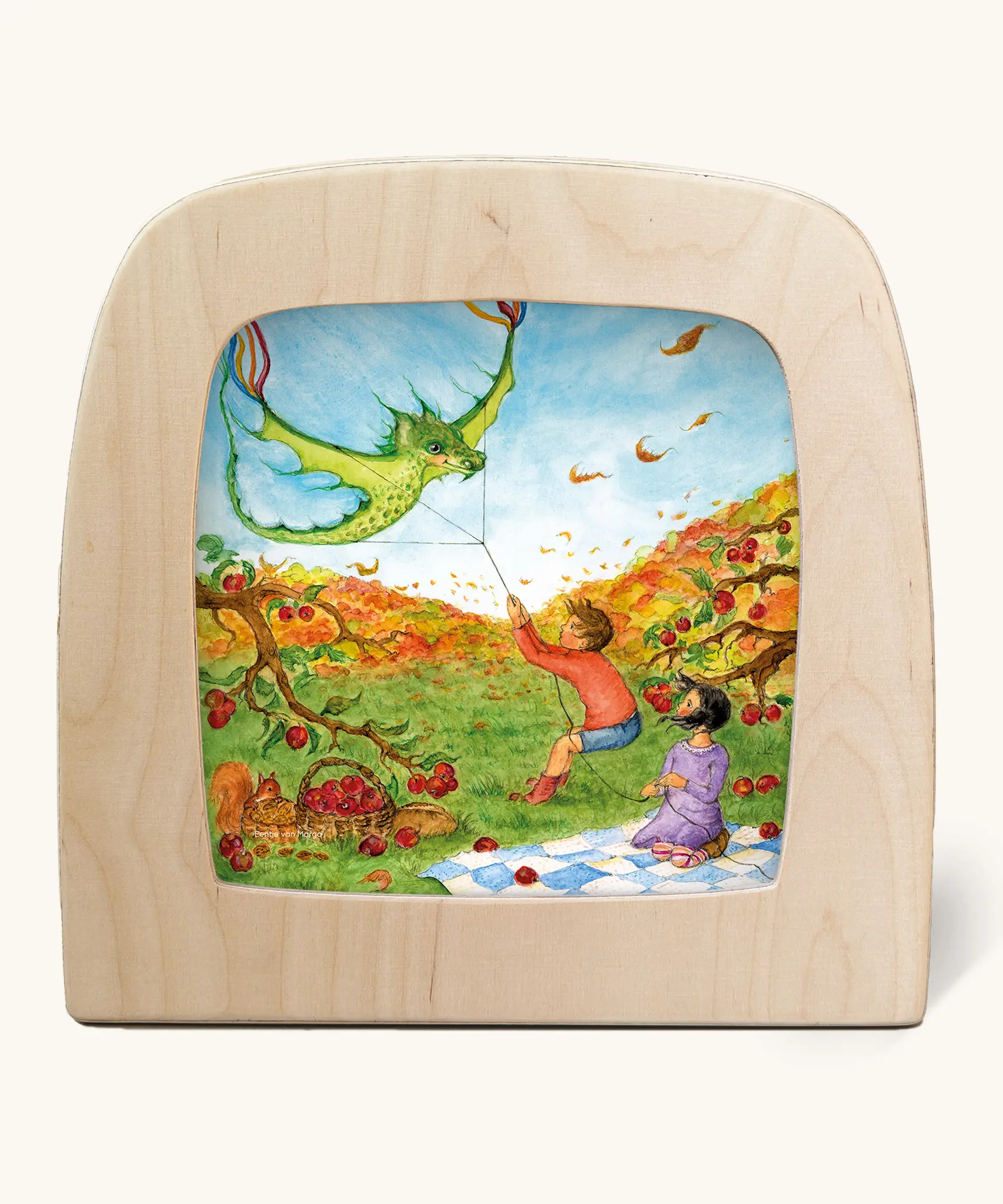 Toverlux silhouette of an autumnal picnic scene flying a dragon kite with apple trees, for September, October and November celebrations.