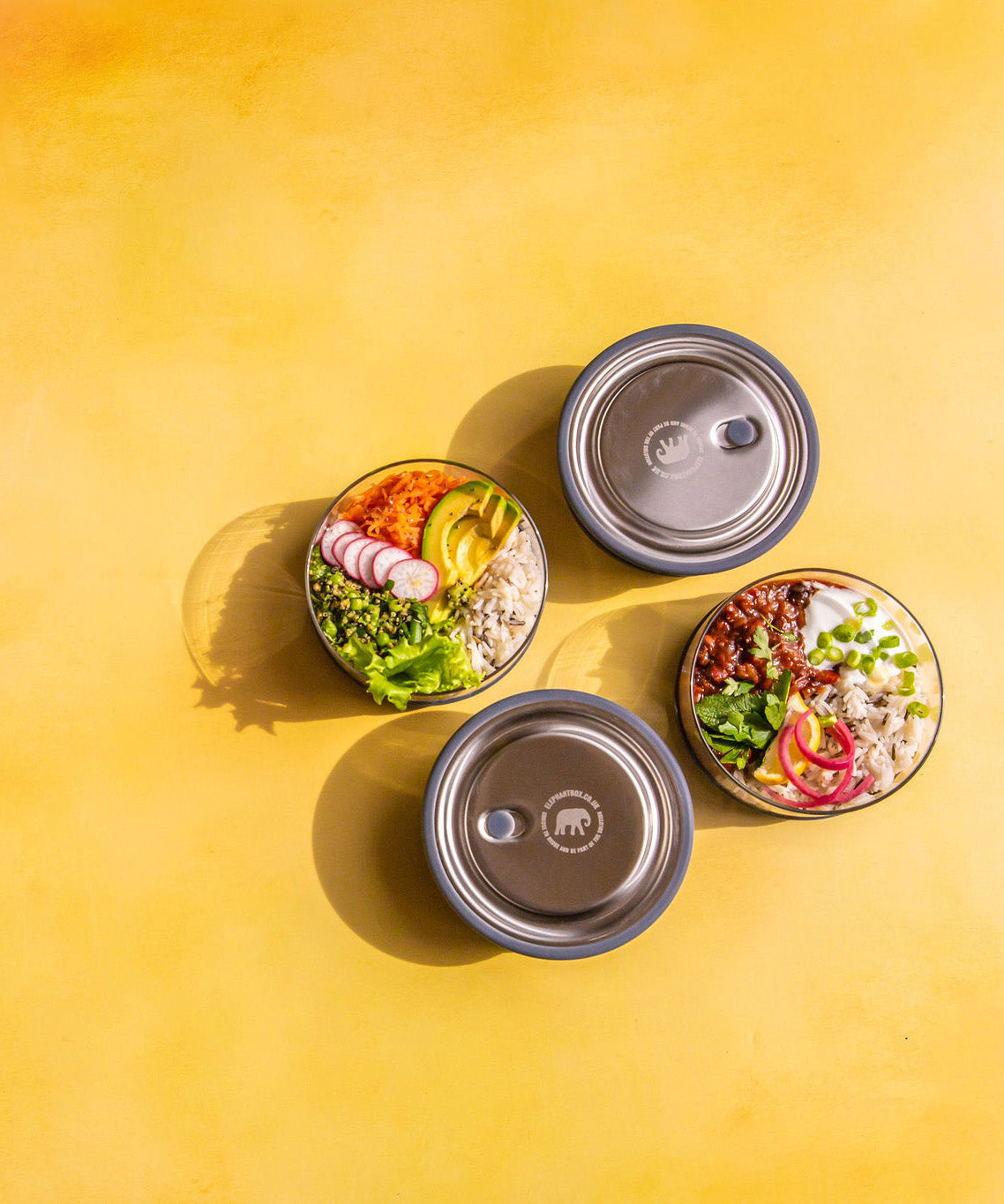 A group of Elephant Box lunch bowls available at Babipur. 