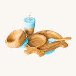 Eco Rascals Elephant Plate Gift Set, a bamboo and silicone baby weaning set including an elephant suction plate, sippy cup and straw, bowl and spoon, with blue silicone. 