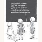 A delightful poem and a black and white illustration on how to remember how many days in a month, showing three children looking up at a blackboard reading the poem written down.