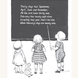 A delightful poem and a black and white illustration on how to remember how many days in a month, showing three children looking up at a blackboard reading the poem written down.