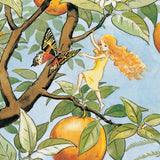 An illustrated page from The Sun Egg by Elsa Beskow. The image shows the fairy in a yellow dress, climbing an orange tree with a butterfly flying next to it.
