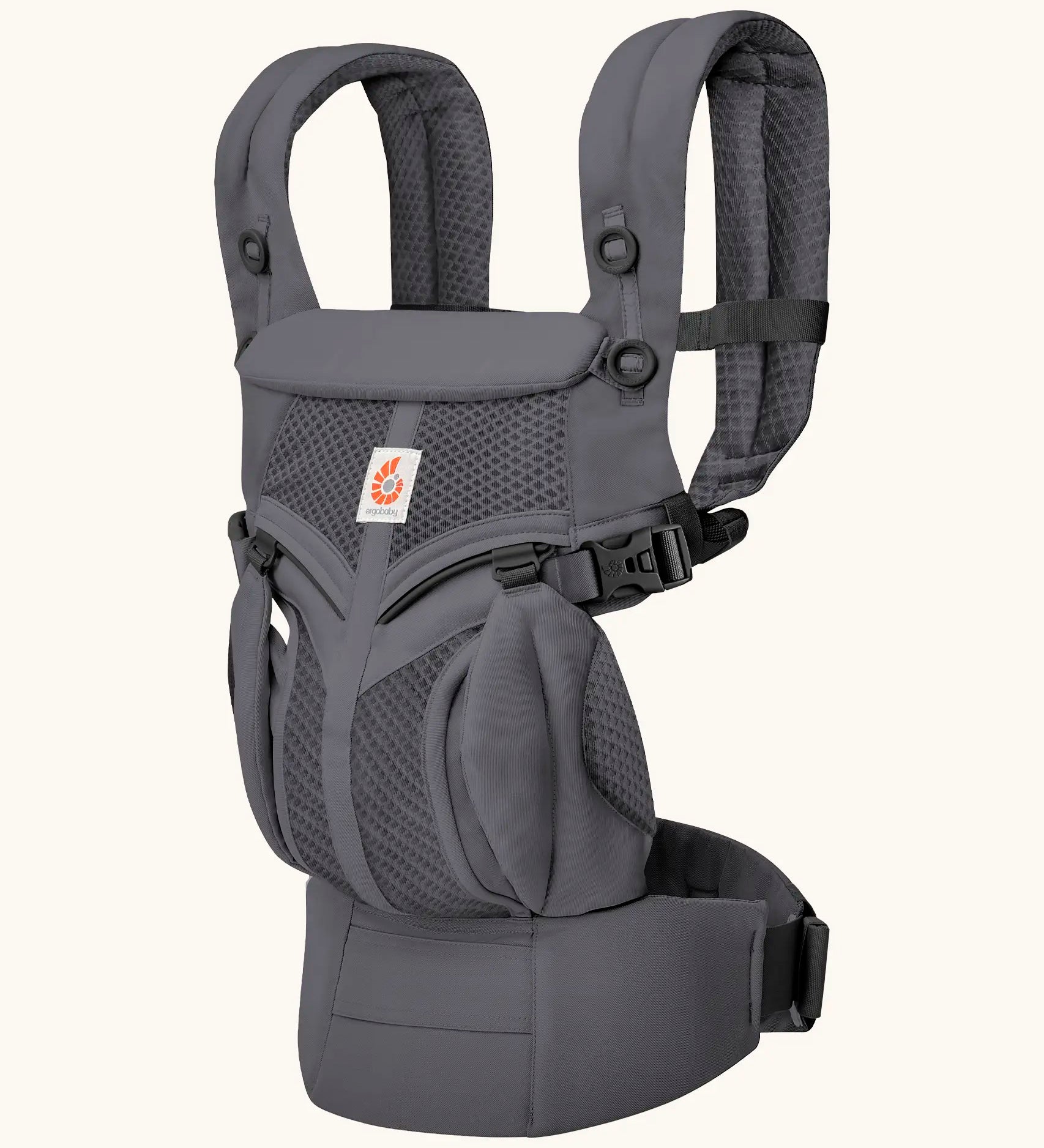 Ergobaby omni 360 cool air mesh baby carrier in charcoal grey with black buckles