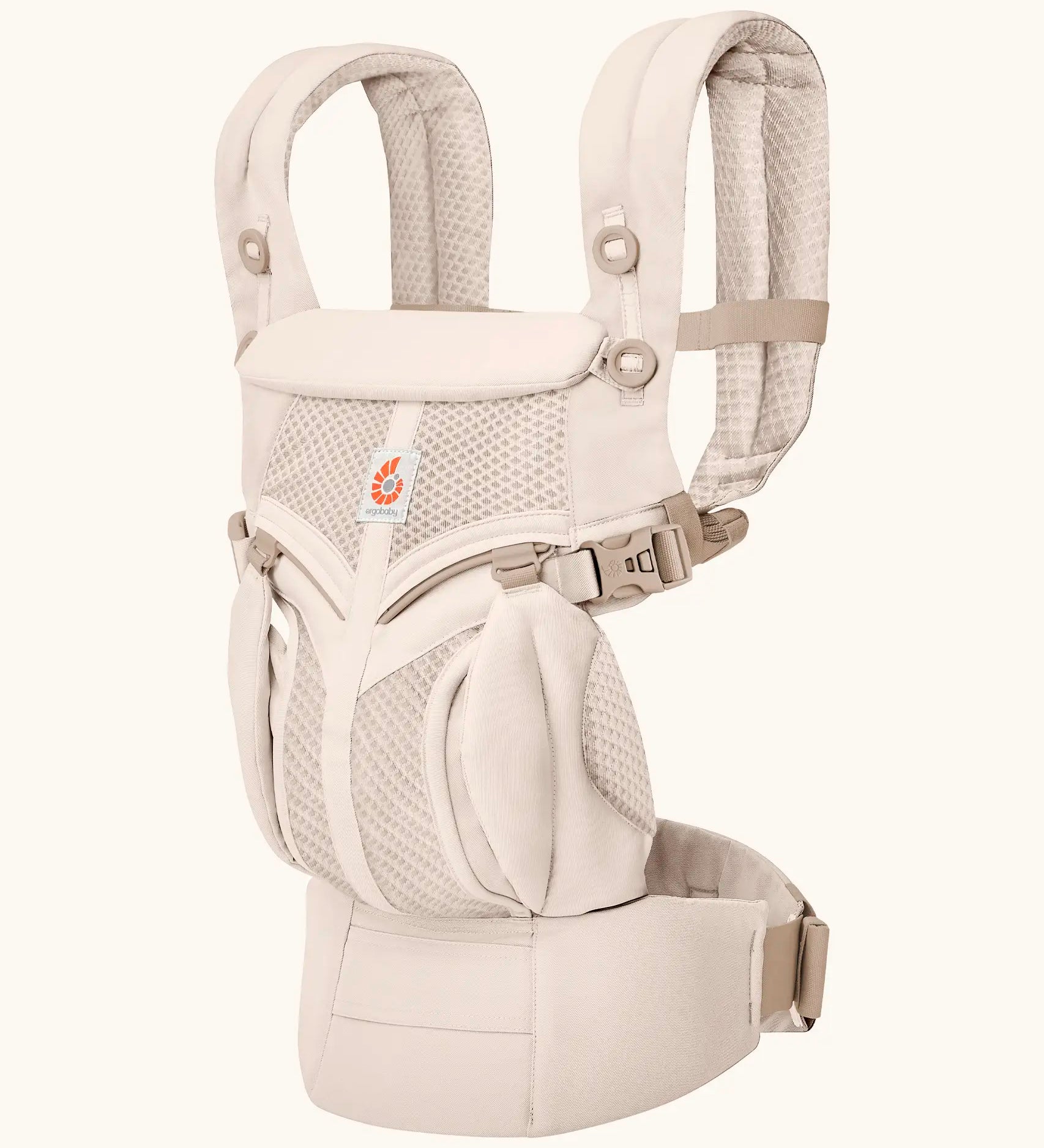 Ergobaby omni 360 cool air mesh baby carrier in natural beige and light brown buckles