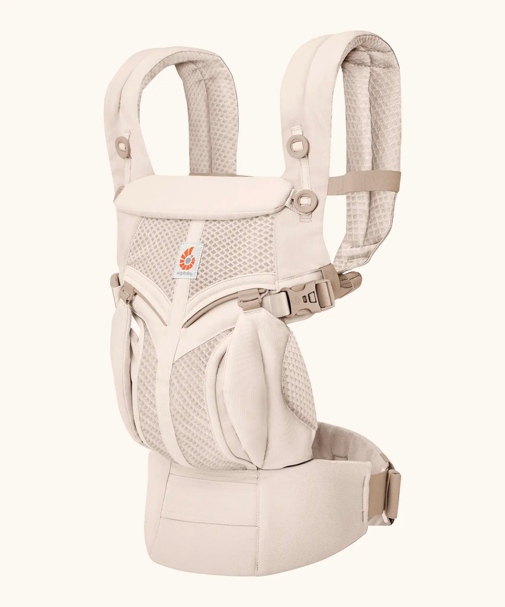 Ergobaby omni 360 cool air mesh baby carrier in natural beige and light brown buckles