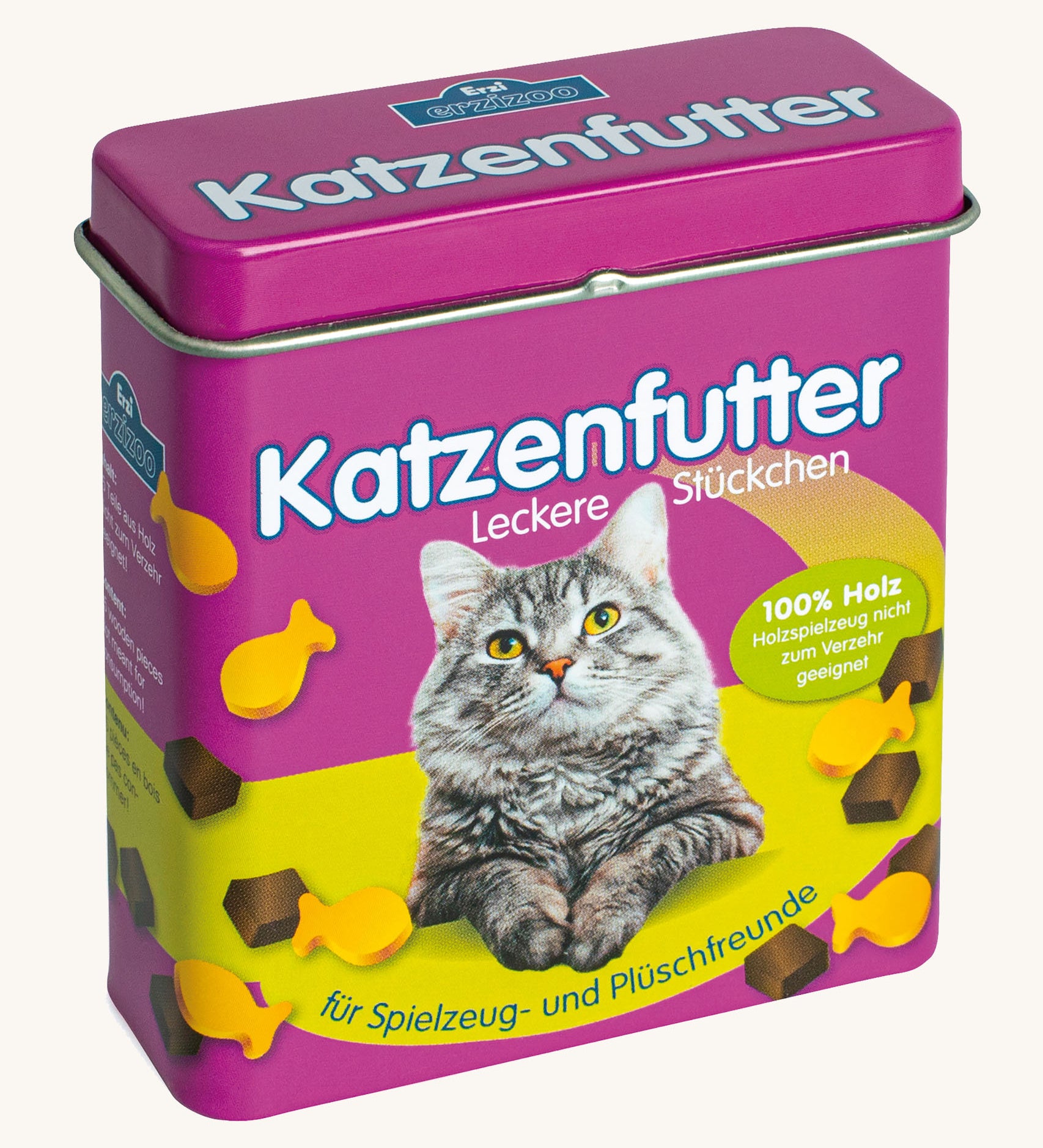 Front of the purple Erzi cat food tin with the lid on top showing a image of a cat surrounded by different shaped cat food pieces