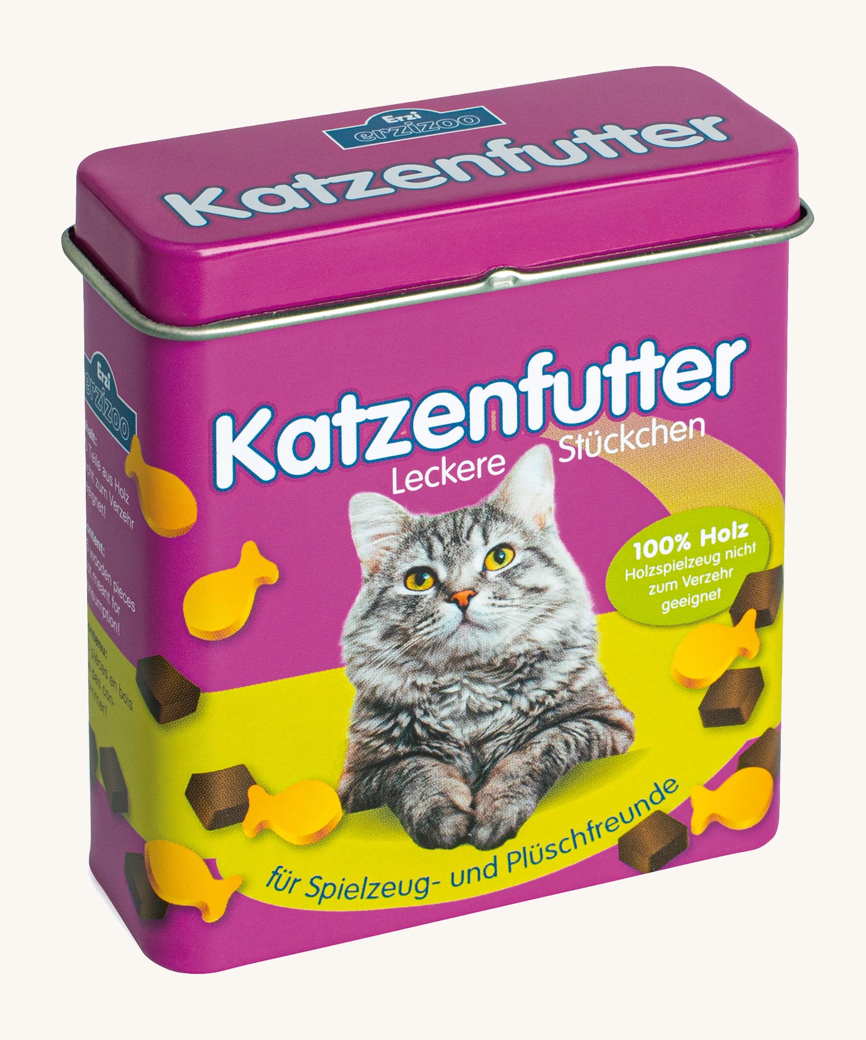 Front of the purple Erzi cat food tin with the lid on top showing a image of a cat surrounded by different shaped cat food pieces