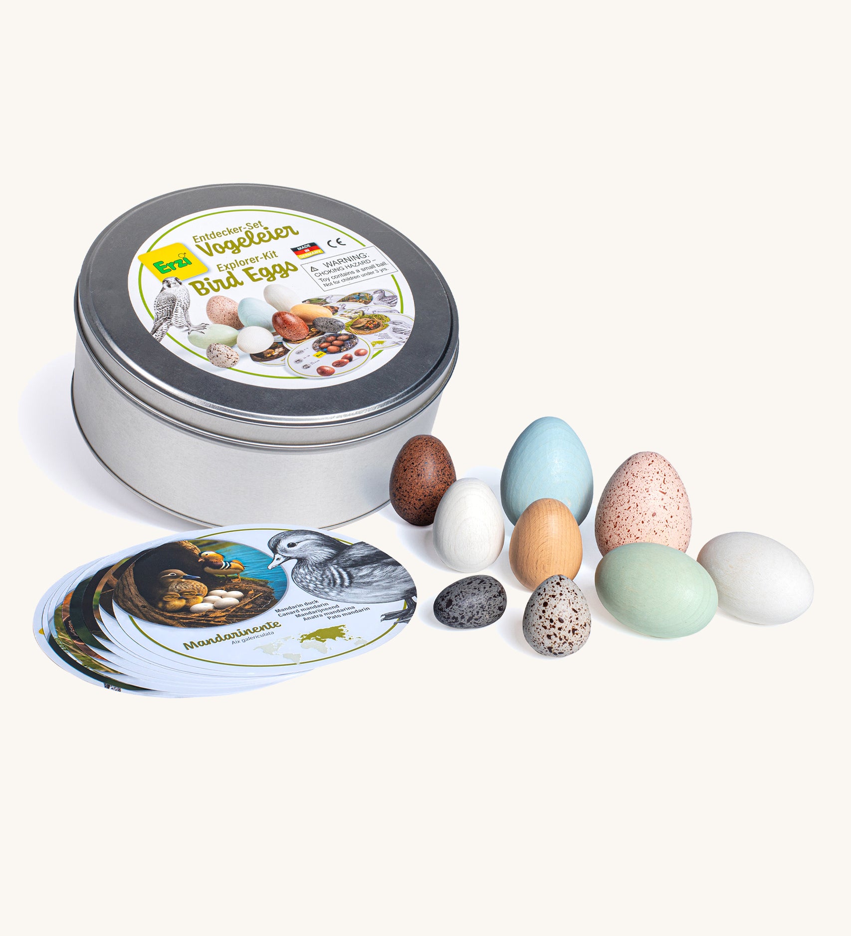 Erzi dozen realistic wooden toy bird eggs with a circular storage tin and fact cards