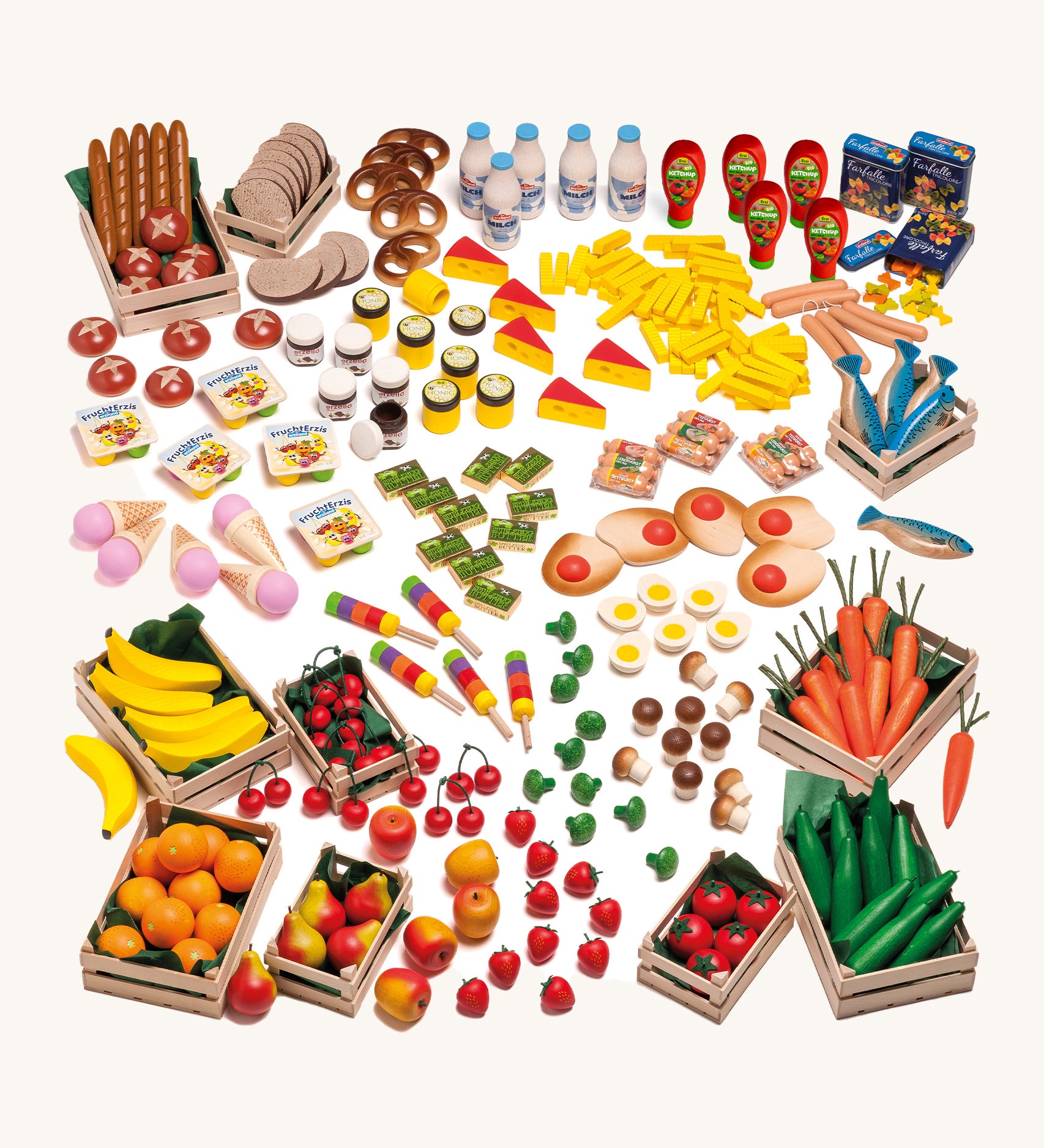 Erzi Wooden Food Shop Assortment. A huge selection of Erzi play food to fill up an Erzi shop, on a cream background