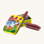 Erzi Wooden Mini Salami In A Tin. 4 wooden salami sticks in deep red with white dots, with a colourful mini salami tin. On a cream background