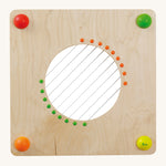 Erzi Baby Guitar Wall Board. A wooden board with strings, on a cream background. A fun wall mounted, musical learning toy for hours of musical fun