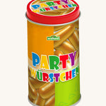 A closer look at the tin from the Erzi Wooden Party Sausages In A Tin. A bright coloured tin with removable lid