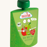 Erzi Wooden Squeezey Pear Fruit Pouch. A green wooden shaped fruit pouch with a fun label showing a pear, apple and wheat sheaf.