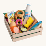 Erzi Toys Wooden Assorted Snacks XL. A selection of large sized Erzi pretend play snack food, in an Erzi wooden crate. Perfect for shop play or cafe play