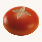 A toasty looking wooden pretzel roll with a light brown cross shaped cut on the top, perfect for cafe play
