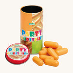 Erzi Wooden Party Sausages In A Tin. Perfect for a pretend snack, these mini pretend sausages look just like the real thing with their light brown colour and natural wood grain showing through. It makes them look almost like a real sausage. The image also shows the party tin they come in