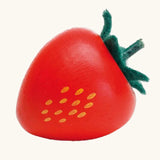 An Erzi red wooden toy strawberry with green felt leaves and small gold-colored seed details, shown on a plain off-white background.