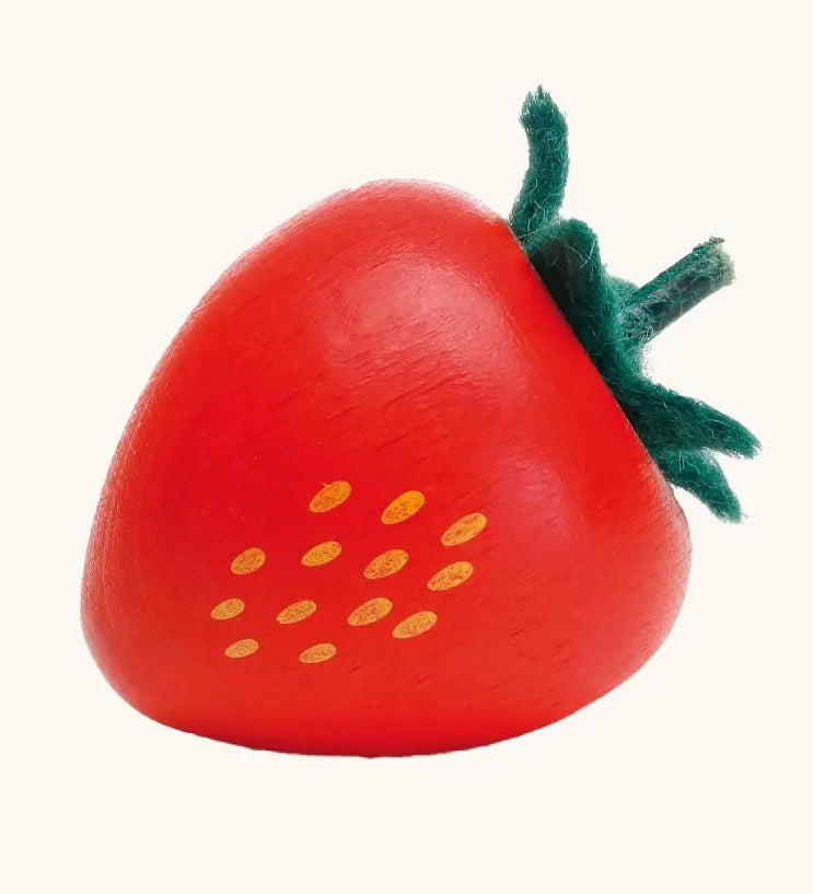 An Erzi red wooden toy strawberry with green felt leaves and small gold-colored seed details, shown on a plain off-white background.