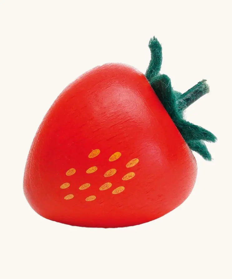 An Erzi red wooden toy strawberry with green felt leaves and small gold-colored seed details, shown on a plain off-white background.