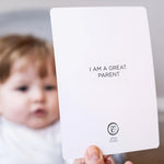 The Etta Loves Sensory Positive Affirmation Flash Cards, showing the Affirmations side for parents. The card reads "I am a great parent"