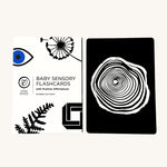 The Etta Loves Sensory Positive Affirmation Flash Cards showing the black and white spiral card, and the packaging box of the cards. The image is on a cream background