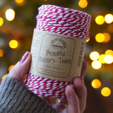 Red and white striped Everlasto Baker’s Twine in Beefeater Red, cotton twine suitable for Christmas projects, gift tags, and seasonal crafting, buy now at Babipur.