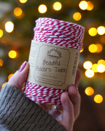 Red and white striped Everlasto Baker’s Twine in Beefeater Red, cotton twine suitable for Christmas projects, gift tags, and seasonal crafting, buy now at Babipur.