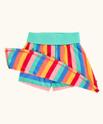 Frugi Alba skort in rainbow stripes with a mint green waistband showing the shorts underneath