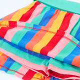 Frugi Alba skort in rainbow stripes with a mint green waistband laid flat showing the shorts underneath