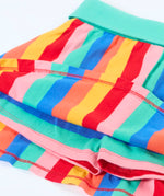 Frugi Alba skort in rainbow stripes with a mint green waistband laid flat showing the shorts underneath