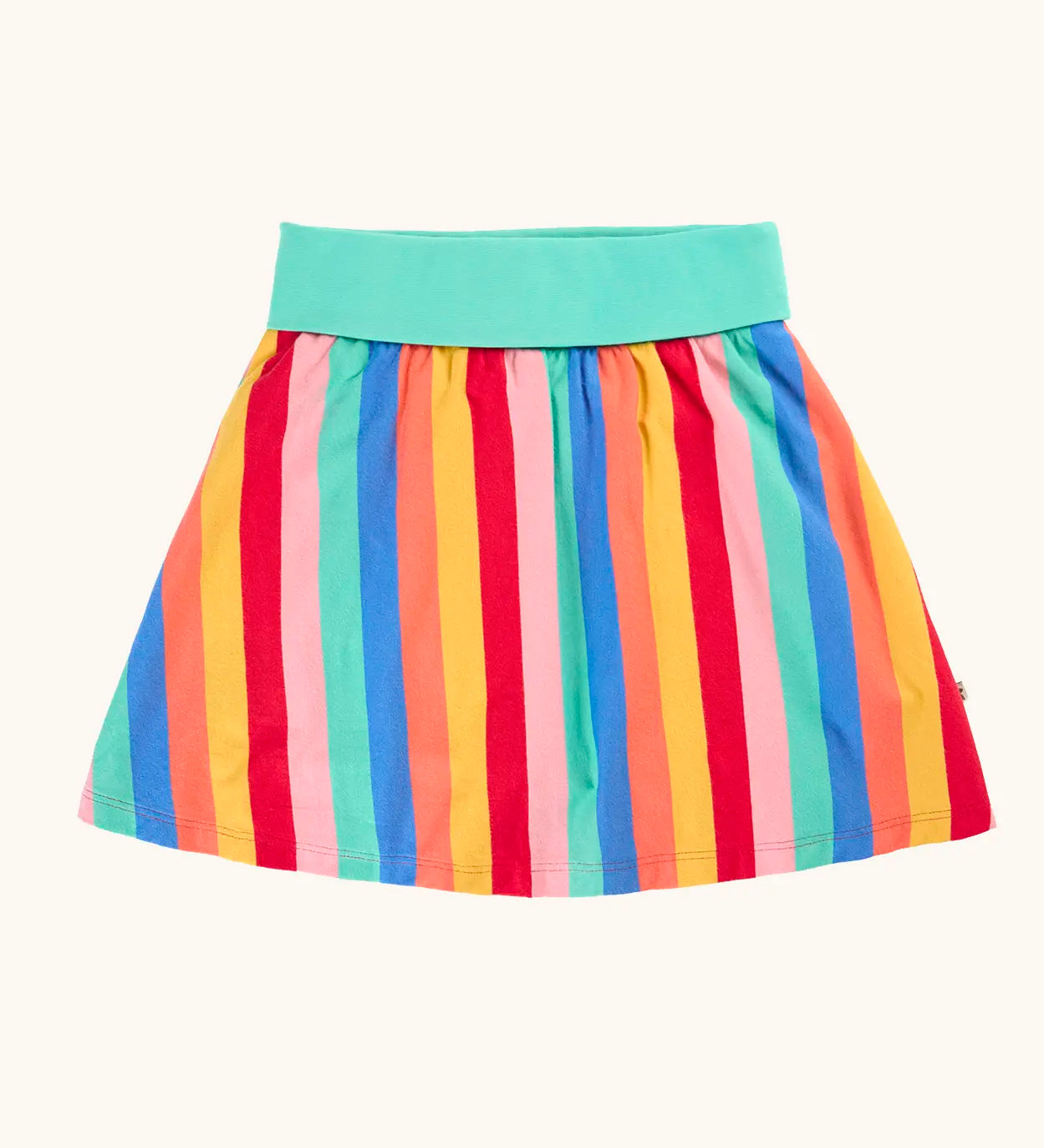 Frugi 100% organic cotton Alba skort in rainbow stripe and a mint green waistband