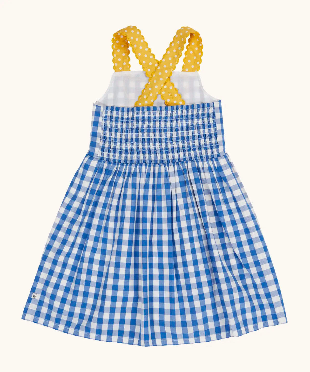 Frugi 100% organic cotton dress in blue and white gingham showing yellow shoulder straps and elasticated back panel