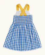 Frugi 100% organic cotton dress in blue and white gingham showing yellow shoulder straps and elasticated back panel