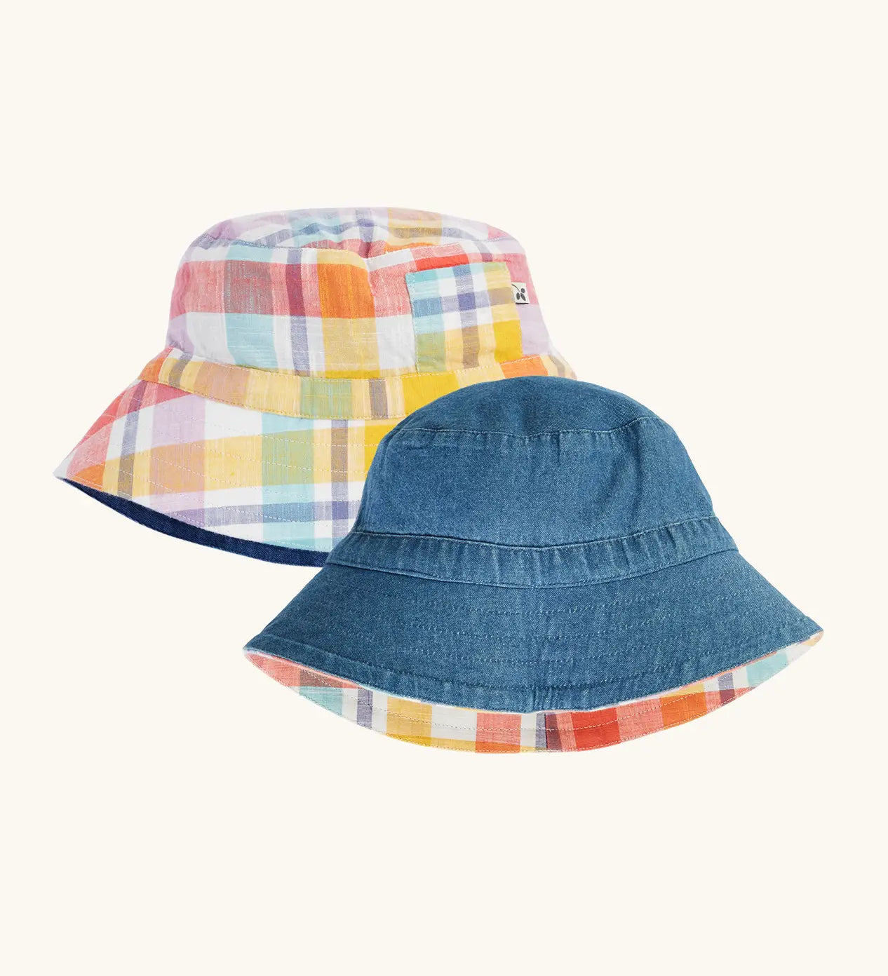 Frugi 100% organic cotton Ashley reversible bucket hat showing a denim side and pastel check reverse side