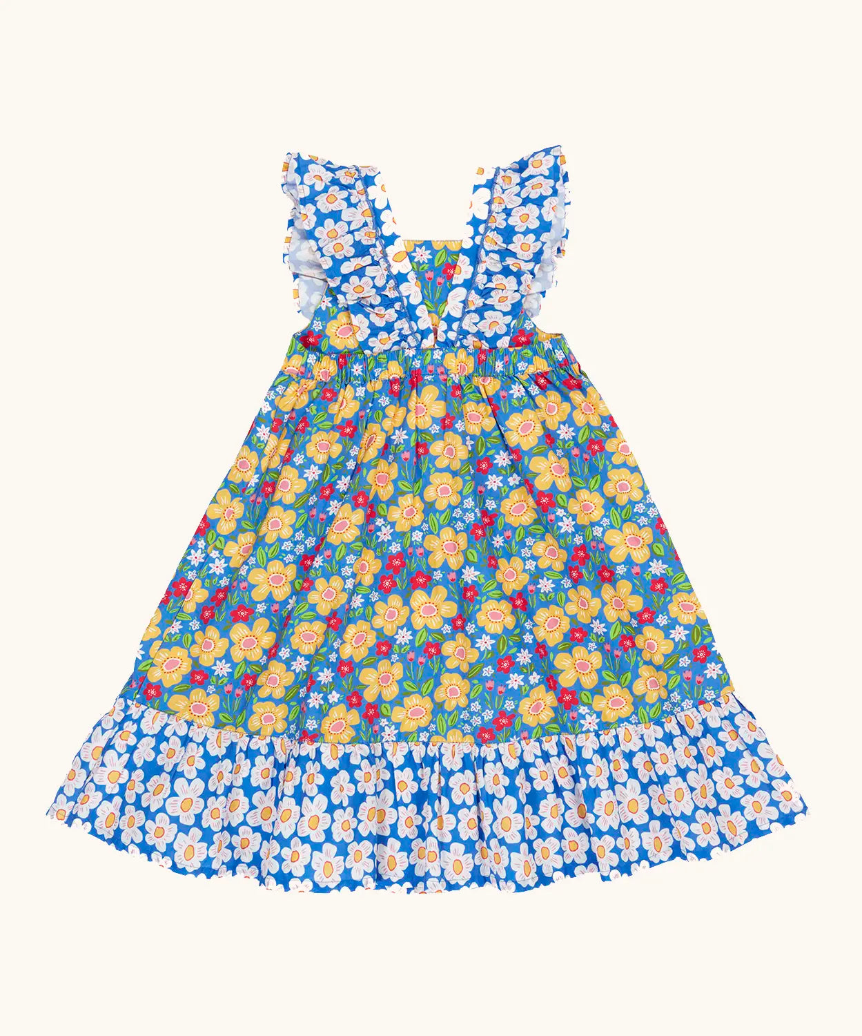 Back of Frugi 100% organic cotton Audrey dress in blue with a repeating floral design.