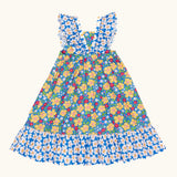 Back of Frugi 100% organic cotton Audrey dress in blue with a repeating floral design.