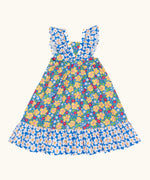 Back of Frugi 100% organic cotton Audrey dress in blue with a repeating floral design.